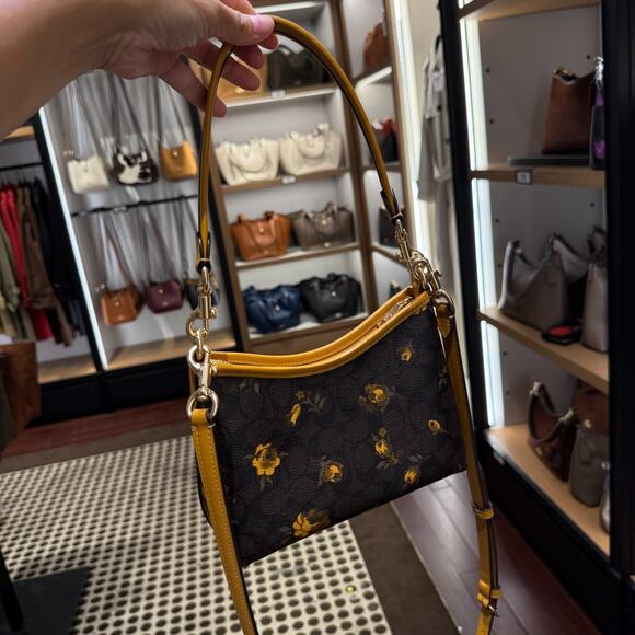 Coach Laurel Small Shoulder Bag Signature Canvas With Floral CCF17 Walnut/Yellow - Picture 8 of 11